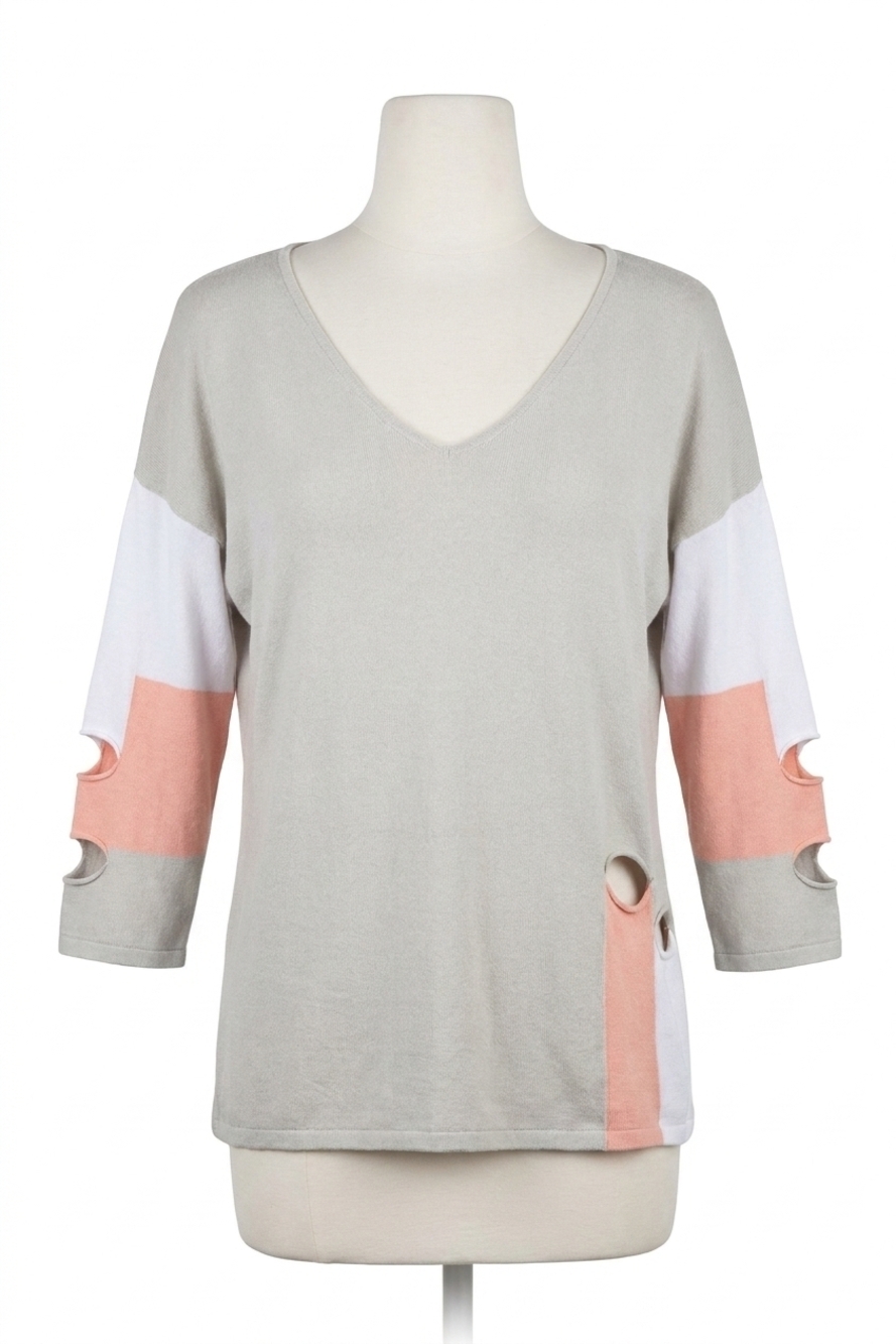 NEW ANGEL cut work top in gray/peach